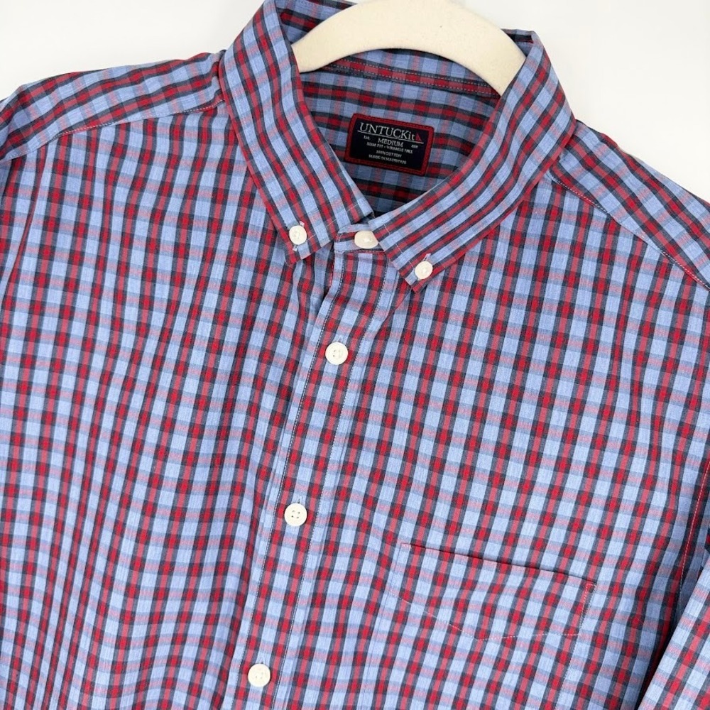 UNTUCKit Raviello Wrinkle Free Button Down Shirt Mens M Blue Red Plaid Slim Fit